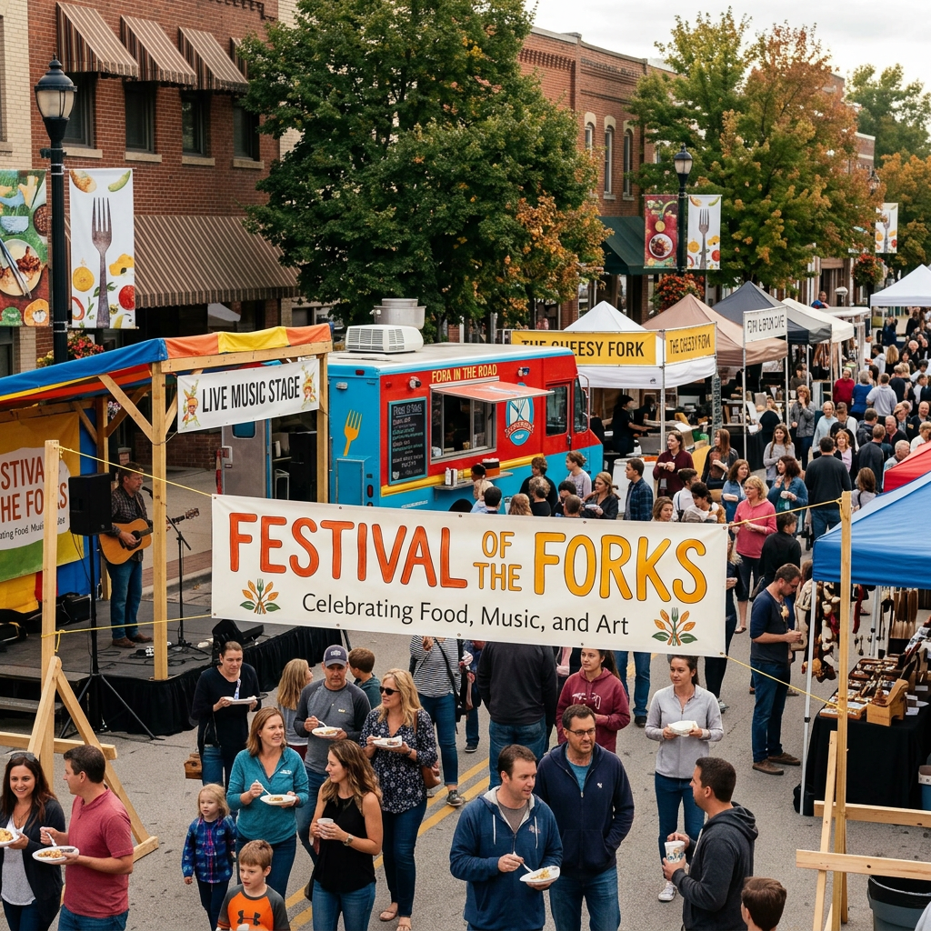 Crowd attending Festival of the Forks street fair with food trucks, live music, and vendor booths