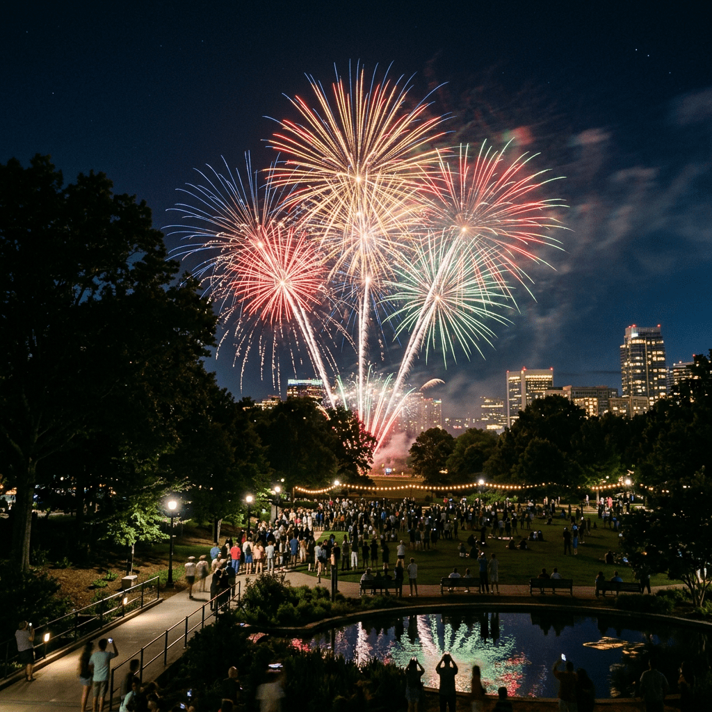 Add fireworks in night sky above park